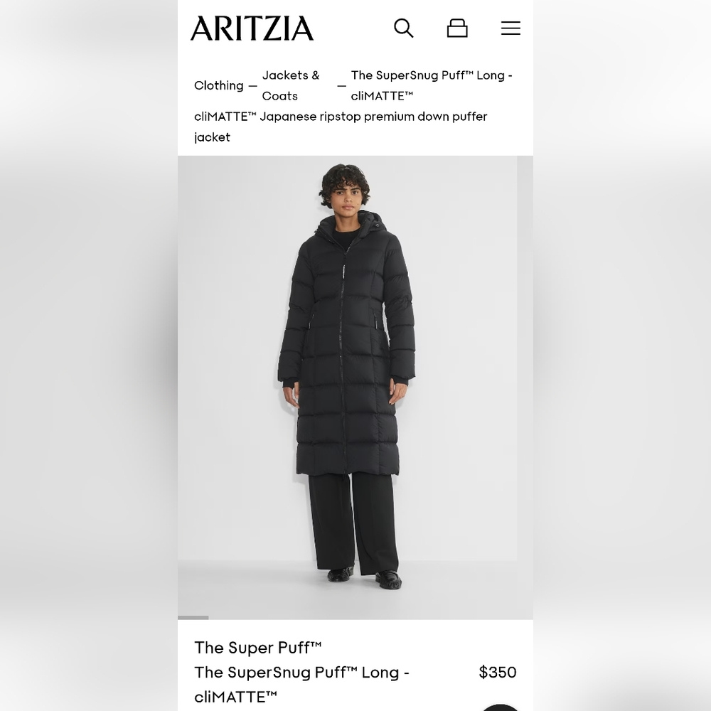 Aritzia Superpuff Supersnug Black Long Puffer Jacket